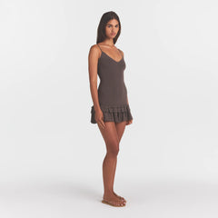 SHEER KNIT RUFFLE DRESS | AMETHYST